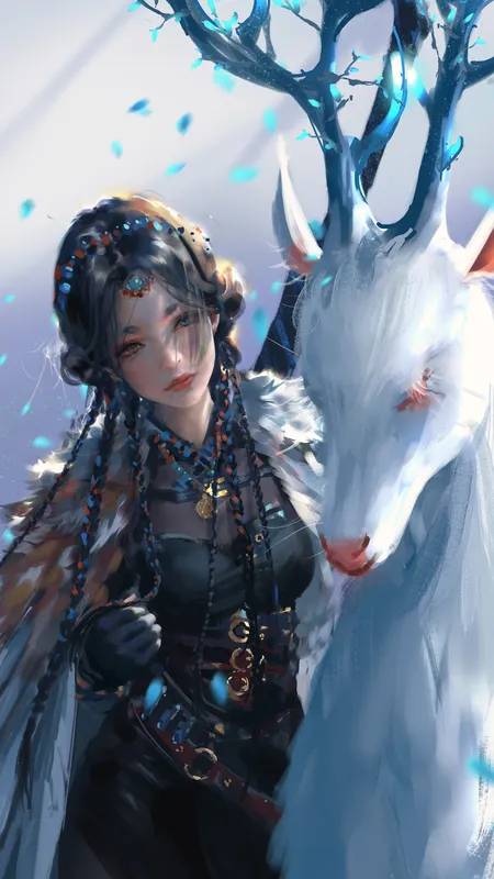 奇幻女孩 辫子 长发 幽灵之刃 AI艺术 鹿 鹿角 手机壁纸 4K壁纸