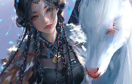 奇幻女孩 辫子 长发 幽灵之刃 AI艺术 鹿 鹿角 手机壁纸 4K壁纸