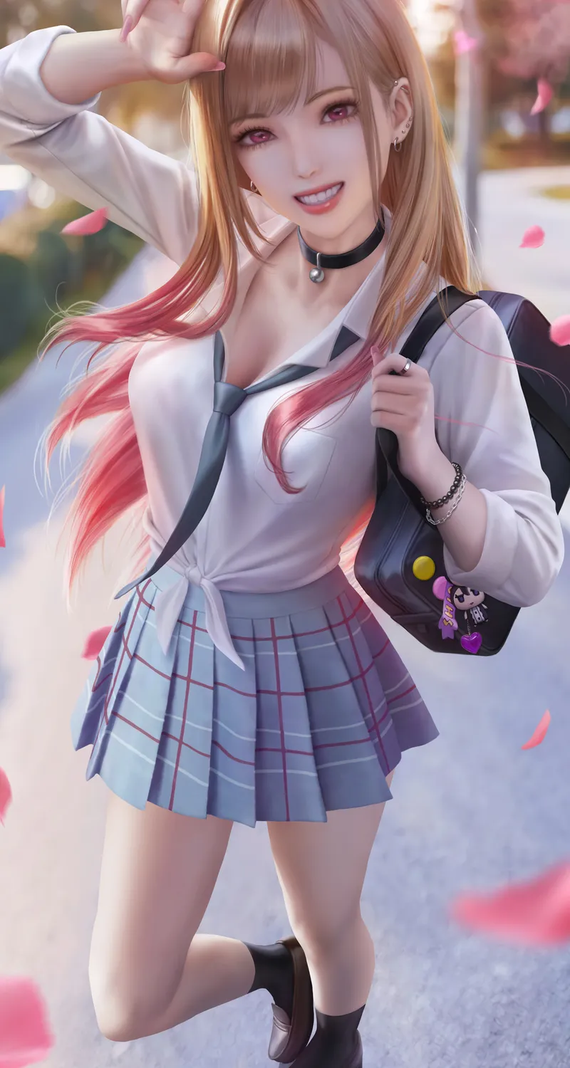 动漫 动漫女孩 衬衫 校服 花瓣 绘画 粉丝艺术 手机壁纸 4K壁纸
