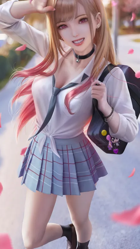 动漫 动漫女孩 衬衫 校服 花瓣 绘画 粉丝艺术 手机壁纸 4K壁纸