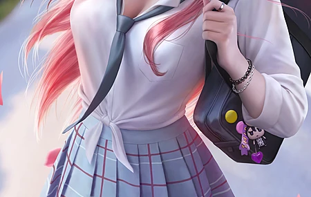 动漫 动漫女孩 衬衫 校服 花瓣 绘画 粉丝艺术 手机壁纸 4K壁纸