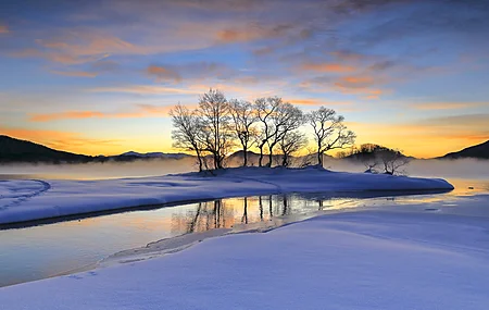 冬天 日落 户外 风景 自然 阳光 寒冷 冰 水 雪 4K壁纸