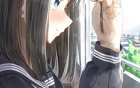 蓝眼睛 脸蛋 动漫 动漫女孩 AI艺术 校服 黑发 特写 4K壁纸