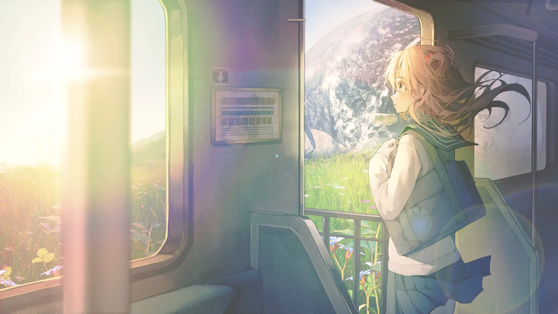 动漫 动漫 动漫女孩 校服 火车 风景 4K壁纸