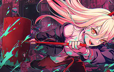 长发 金发 动漫女孩 动漫 超能力 电锯人 武器 尖牙 黄色眼睛 角 碎片 4K壁纸