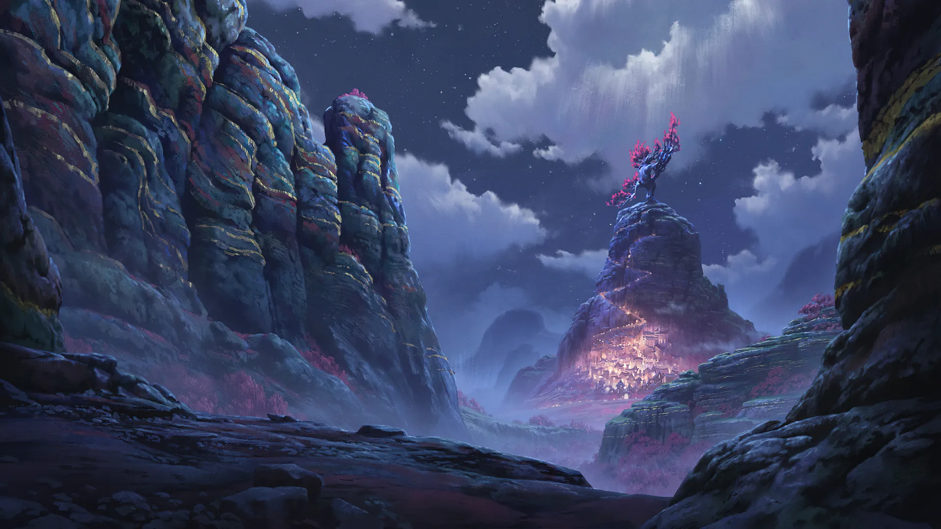 AI艺术 插图 风景 夜景 云 岩层 星星 城镇 山脉 4K壁纸
