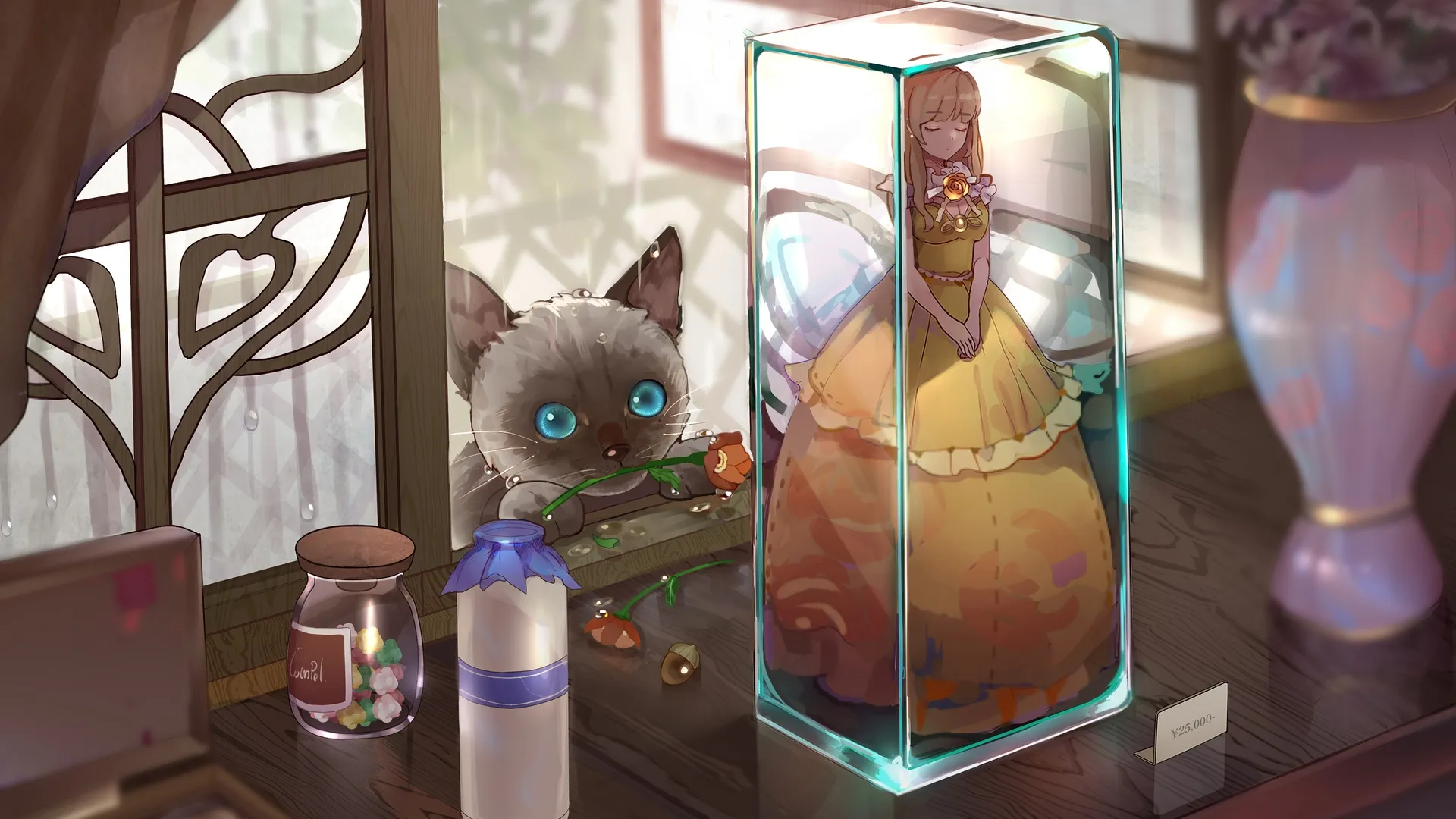 董 猫 花 雨 娃娃 4K壁纸