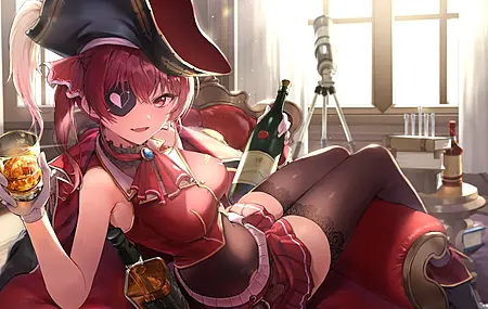 海洋 动漫 动漫女孩 红酒 眼罩 礼服 酒杯 沙发 4K壁纸
