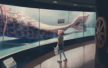 粉色头发 动漫 动漫女孩 水族馆 鱼 4K壁纸