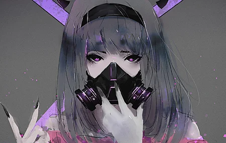 原创人物 深色头发 看观众 动漫 动漫女孩 防毒面具 头巾 紫色眼睛 指甲油 长指甲 深色背景 4K壁纸