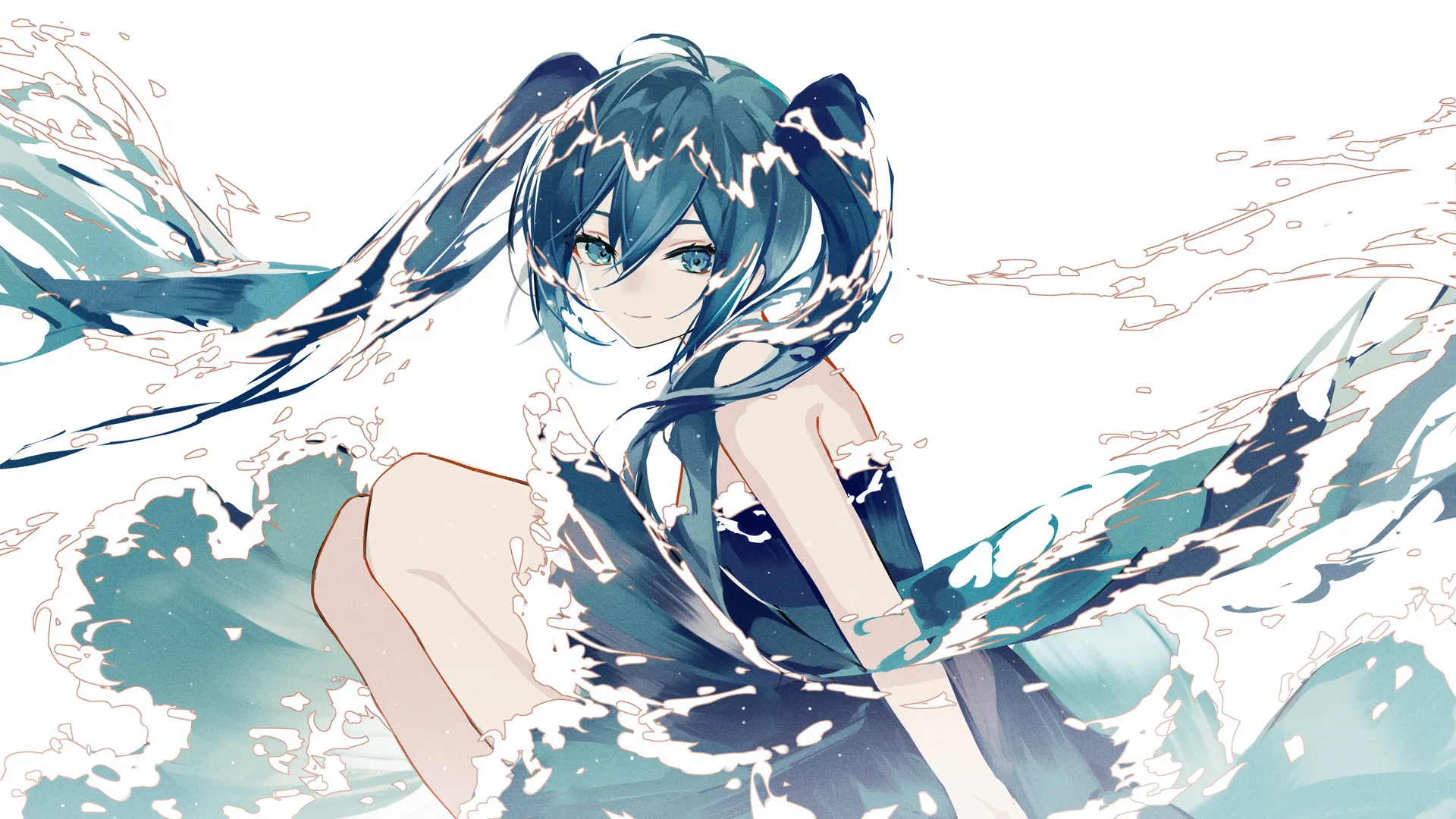 动漫 动漫女孩 初音 双尾 水 海浪 4K壁纸