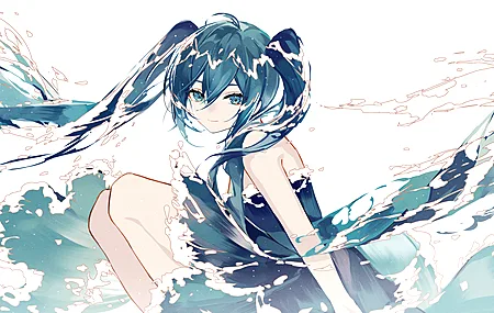 动漫 动漫女孩 初音 双尾 水 海浪 4K壁纸