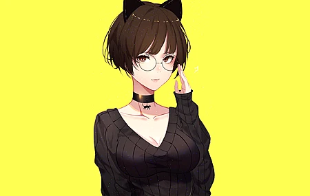 原创人物 深色头发 短发 动漫女孩 动漫 眼镜 棕色眼睛 兽耳 毛衣 4K壁纸