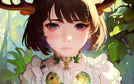 女人 幻想女孩 短发 脸 鹿角 褶皱 叶子 角 幻想艺术 人工智能艺术 4K壁纸