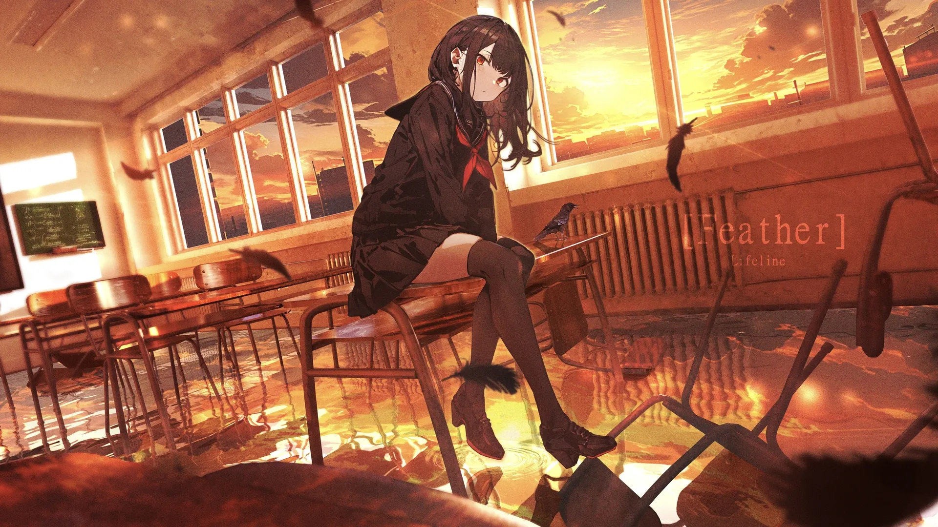 女生 长头发 红色的眼睛 动漫 动漫女孩 日落 晚霞 校服 教室 书桌 椅子 长统袜 羽毛 黑色头发 窗口 云彩 天空 书桌 4K壁纸