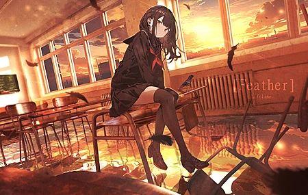 女生 长头发 红色的眼睛 动漫 动漫女孩 日落 晚霞 校服 教室 书桌 椅子 长统袜 羽毛 黑色头发 窗口 云彩 天空 书桌 4K壁纸