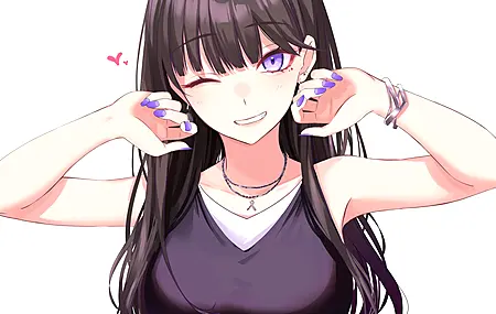 微笑 深色头发 长发 白色背景 动漫女孩 眨眼 紫色眼睛 4K壁纸