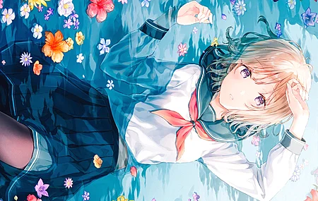 原创人物 金发 仰卧 动漫 动漫女孩 紫色眼睛 水中 校服 水手 制服 4K壁纸