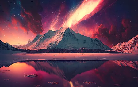 艺术 插图 风景 山 湖 冬天 雪 水 星星 星空 天空 云 4K壁纸