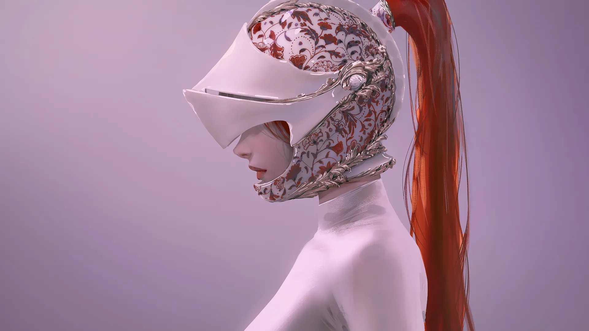 红发 女性 马尾辫 长发 AI艺术 插图 极简主义 简单背景 头盔 白色衣服 红色 口红 图案 4K壁纸