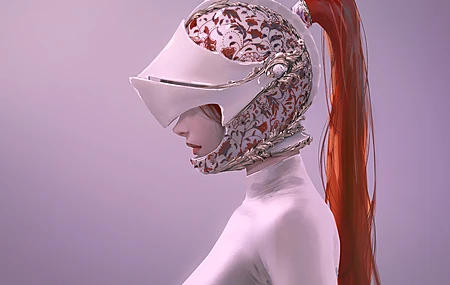 红发 女性 马尾辫 长发 AI艺术 插图 极简主义 简单背景 头盔 白色衣服 红色 口红 图案 4K壁纸