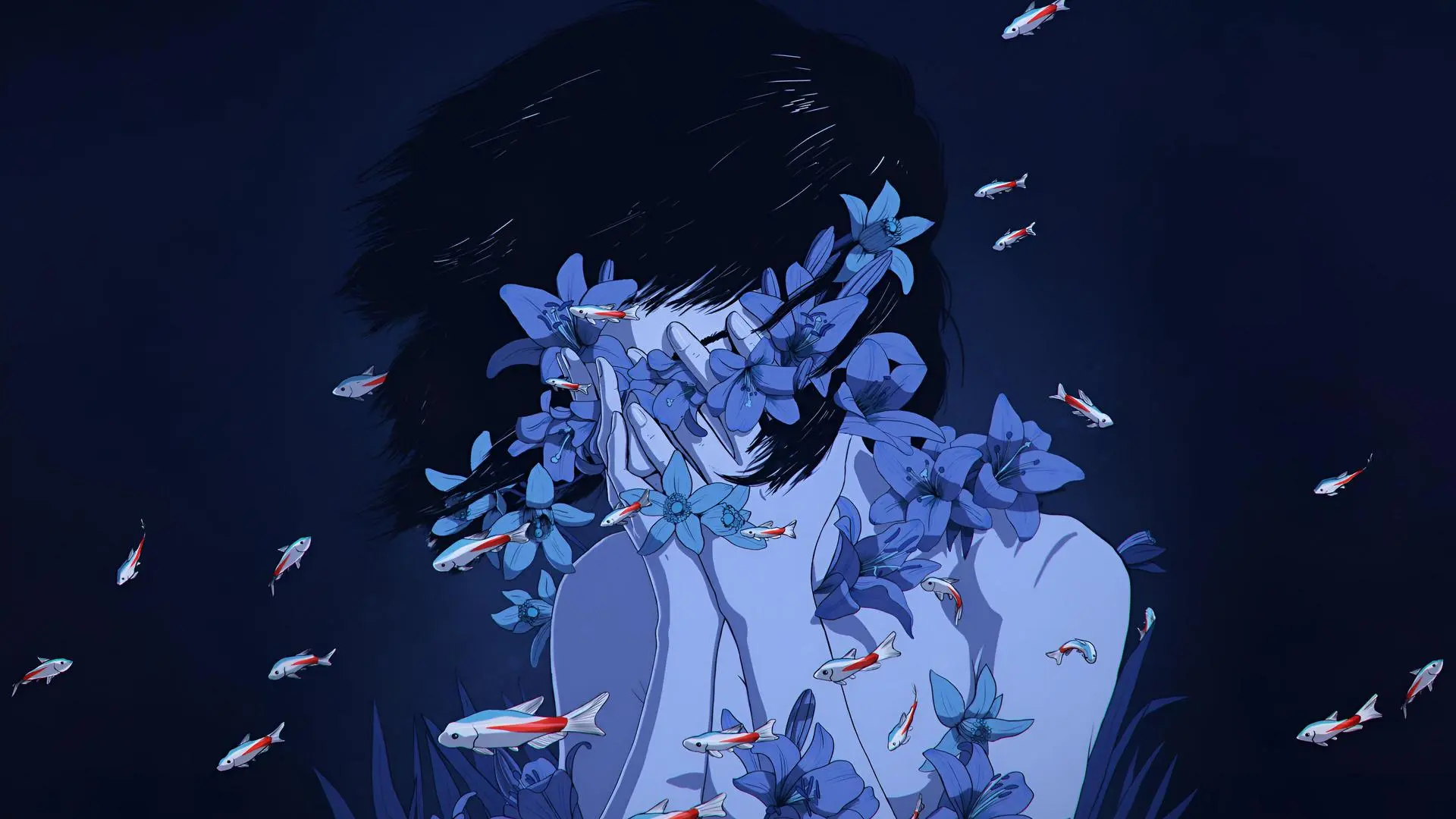 黑发 蓝色 锦葵鱼 鱼 动漫 动漫女孩 花朵 完美  艺术品 深色背景 水中 水里 游泳 4K壁纸