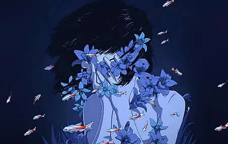 黑发 蓝色 锦葵鱼 鱼 动漫 动漫女孩 花朵 完美  艺术品 深色背景 水中 水里 游泳 4K壁纸