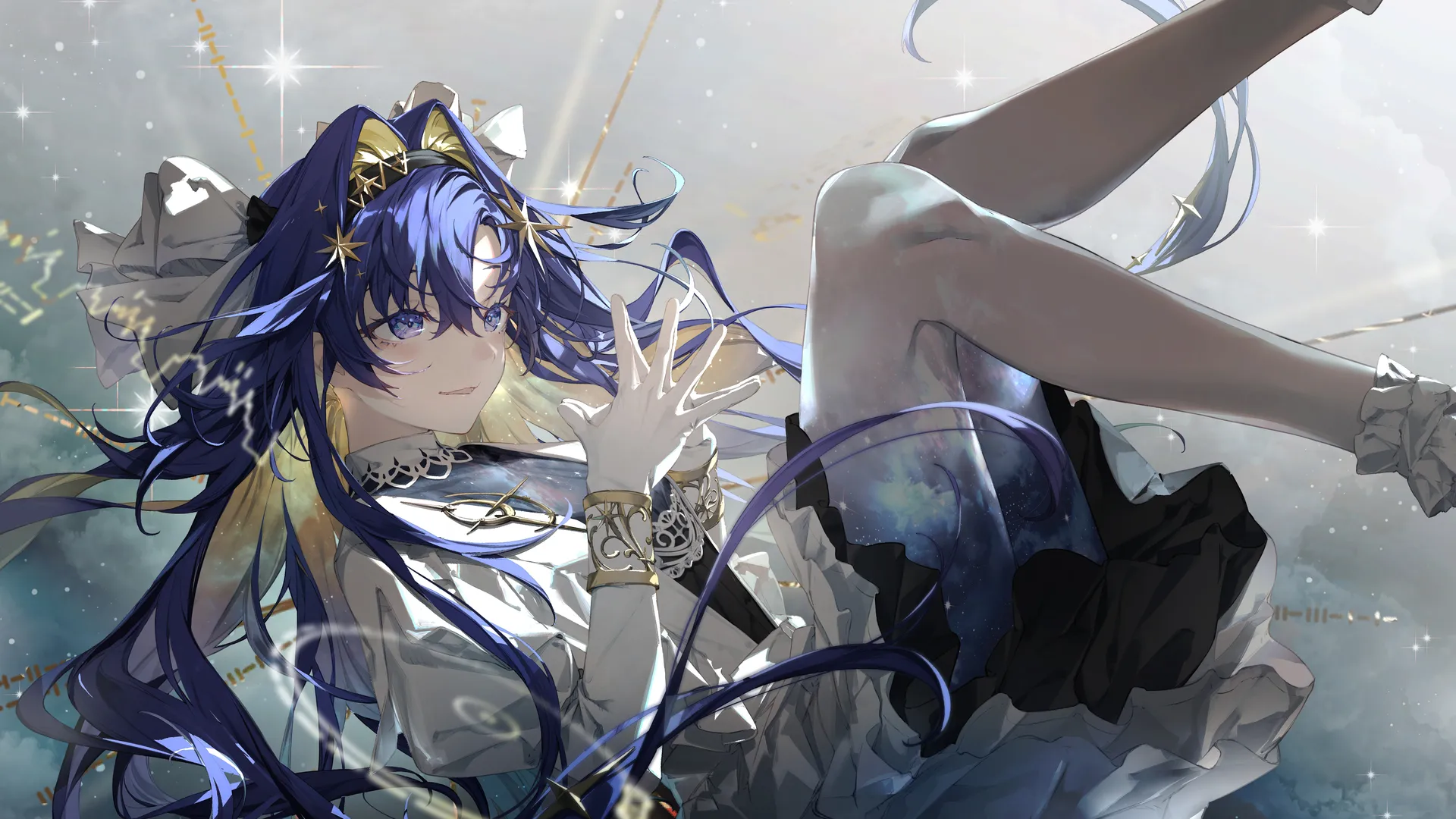 长发 蓝色头发 蓝色眼睛 动漫 动漫女孩 反向 手套 白色衣服 头带 蓬松 袖子 星星 4K壁纸