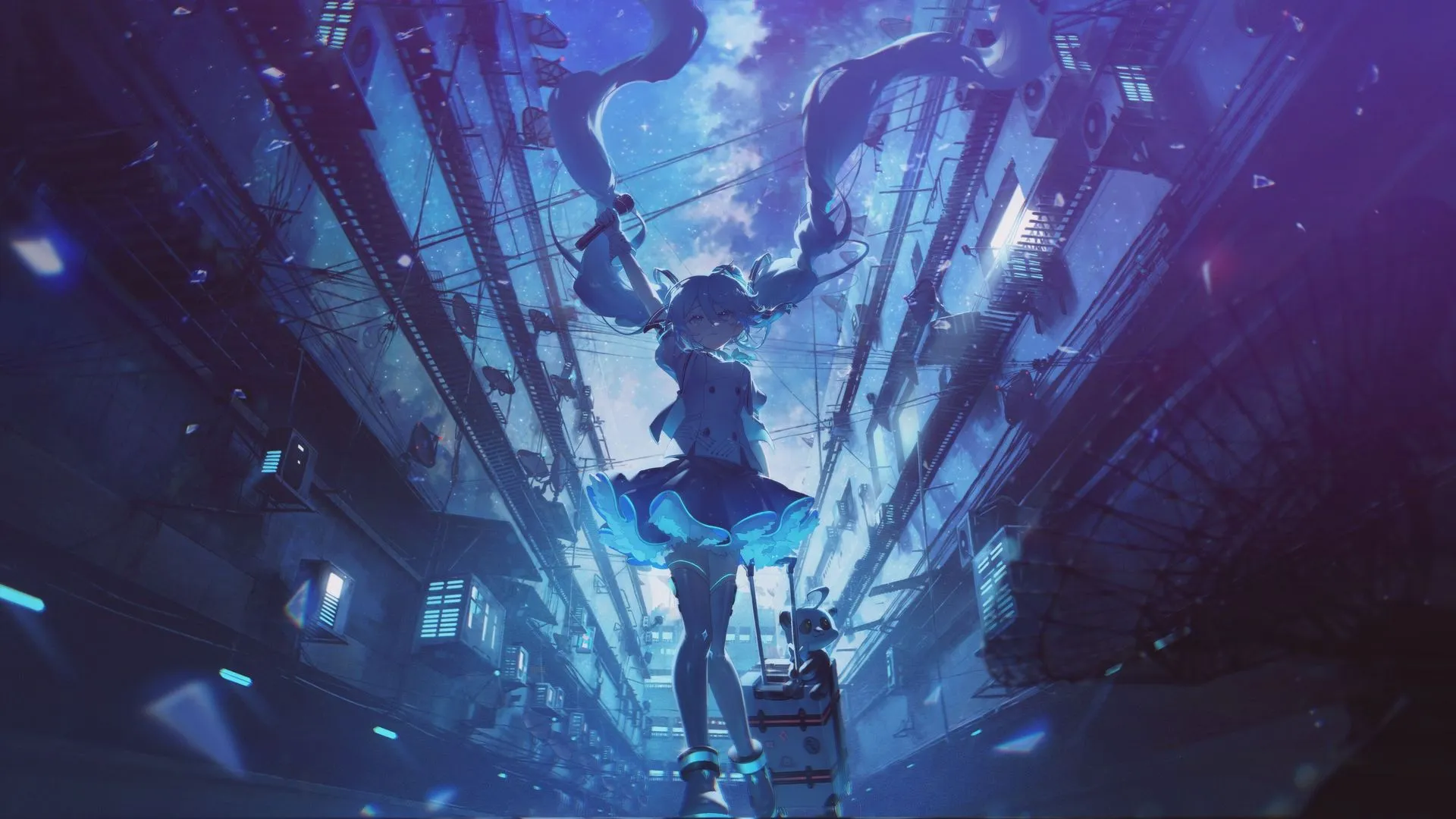 长发 动漫 初音未来 麦克风 双胞胎 手提箱 天线 天空 空调 云 动漫女孩 行李 星空 4K壁纸