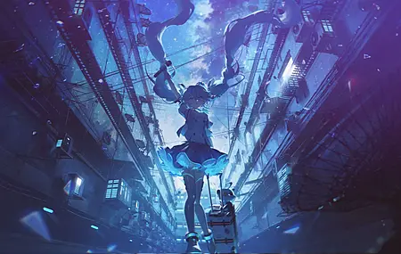 长发 动漫 初音未来 麦克风 双胞胎 手提箱 天线 天空 空调 云 动漫女孩 行李 星空 4K壁纸