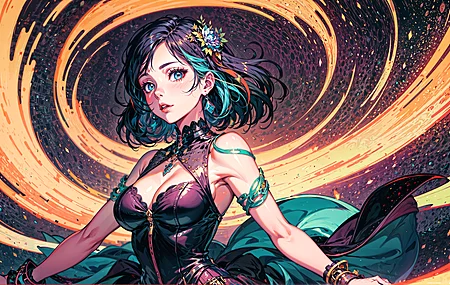 多色头发 短发 蓝眼睛 肩膀 人工智能 动漫女孩 连衣裙 五颜六色 时空旅行 科幻 奇幻艺术 魔术 照相 AI艺术  4K壁纸