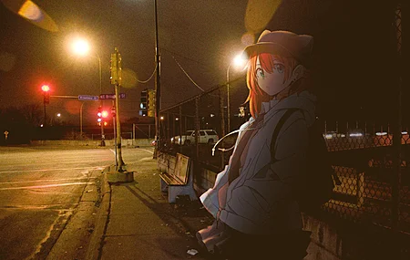 游戏 动漫 动漫女孩 帽子 猫耳 夜晚 马路 路灯 4K壁纸