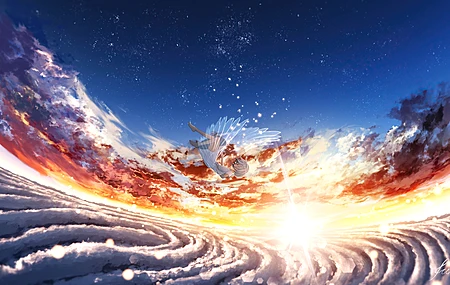 飘落 白发 动漫 翅膀 云 日落 星空 星星 天使 动漫女孩 8K壁纸