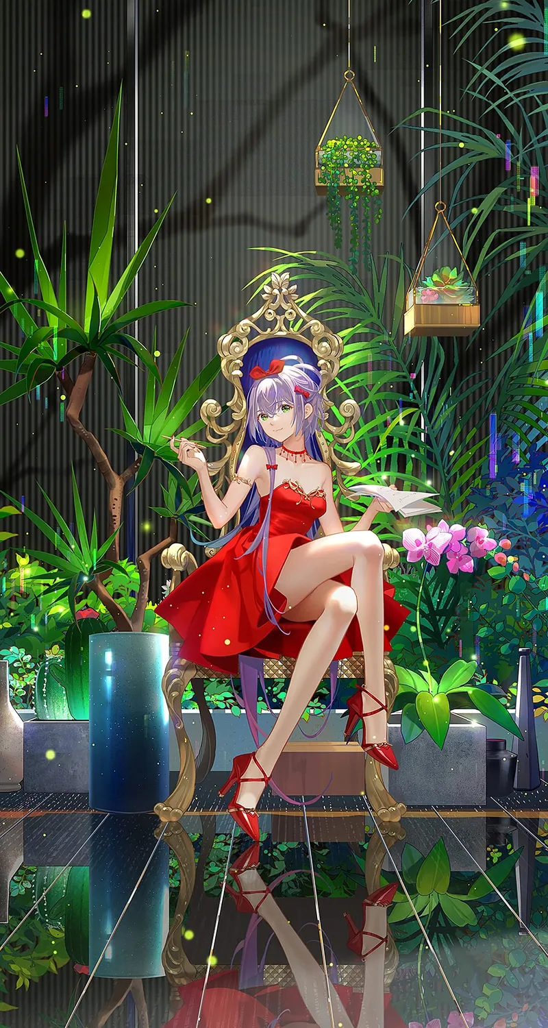 紫色头发 绿色头发 肩膀 动漫 女孩 倒影 植物 连衣裙 红色连衣裙 高跟鞋 红色高跟鞋 手机壁纸 4K壁纸
