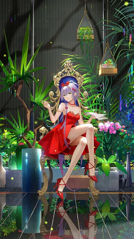 紫色头发 绿色头发 肩膀 动漫 女孩 倒影 植物 连衣裙 红色连衣裙 高跟鞋 红色高跟鞋 手机壁纸 4K壁纸