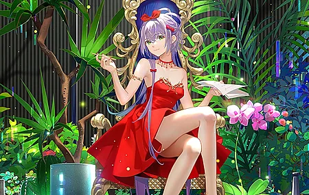 紫色头发 绿色头发 肩膀 动漫 女孩 倒影 植物 连衣裙 红色连衣裙 高跟鞋 红色高跟鞋 手机壁纸 4K壁纸