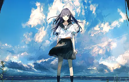 动漫 动漫女孩 海滩 天空 校服 4K壁纸