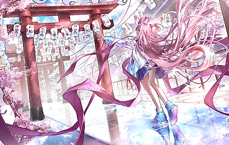 长发 粉色头发 蓝眼睛 动漫女孩 双尾 鲜花 树木 樱花 4K壁纸