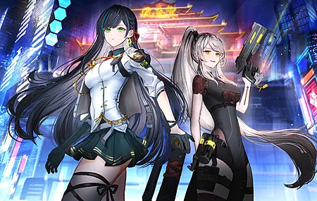 枪 马尾辫 幻想塔 女孩 动漫 动漫女孩 枪 手套 城市灯光  4K壁纸