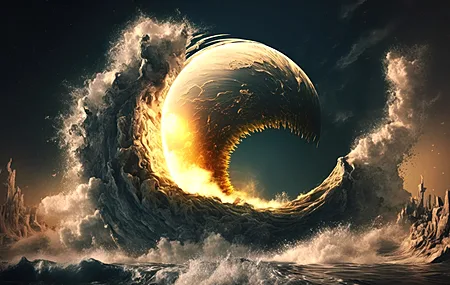 艺术 插图 月亮 波浪 碰撞 海 水 4K壁纸