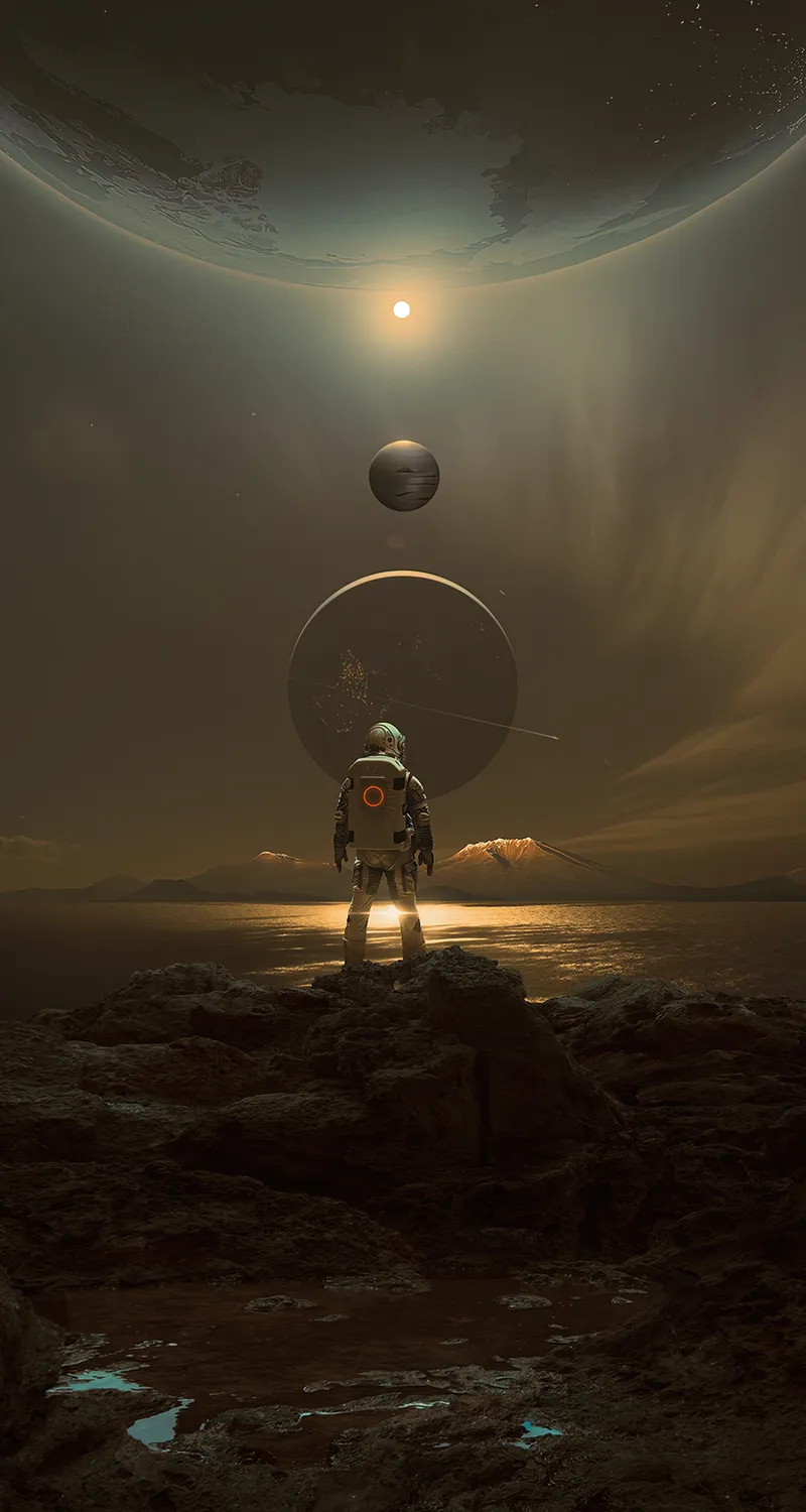 宇航员 行星 火星 天空 夜晚 科幻 小说 太阳系 风景 AI艺术 手机壁纸 4K壁纸