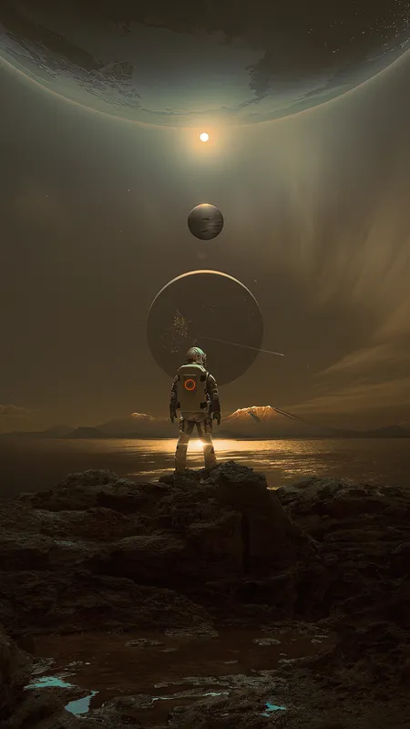 宇航员 行星 火星 天空 夜晚 科幻 小说 太阳系 风景 AI艺术 手机壁纸 4K壁纸