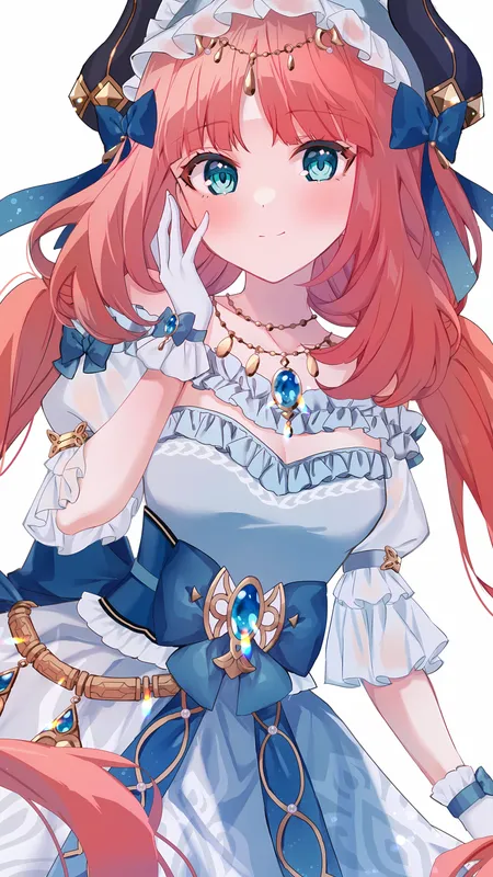 原神 长头发 红发 蓝眼睛 站立 动画 女孩 手套 项链 领结 连衣裙 极简主义 白色背景 简单背景 手机壁纸 4K壁纸