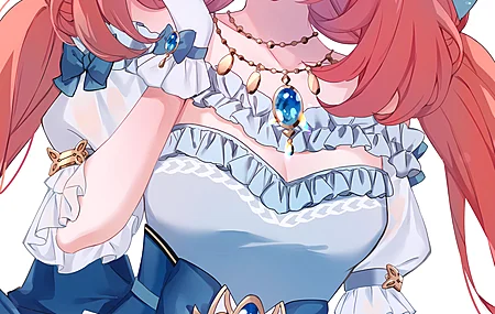 原神 长头发 红发 蓝眼睛 站立 动画 女孩 手套 项链 领结 连衣裙 极简主义 白色背景 简单背景 手机壁纸 4K壁纸