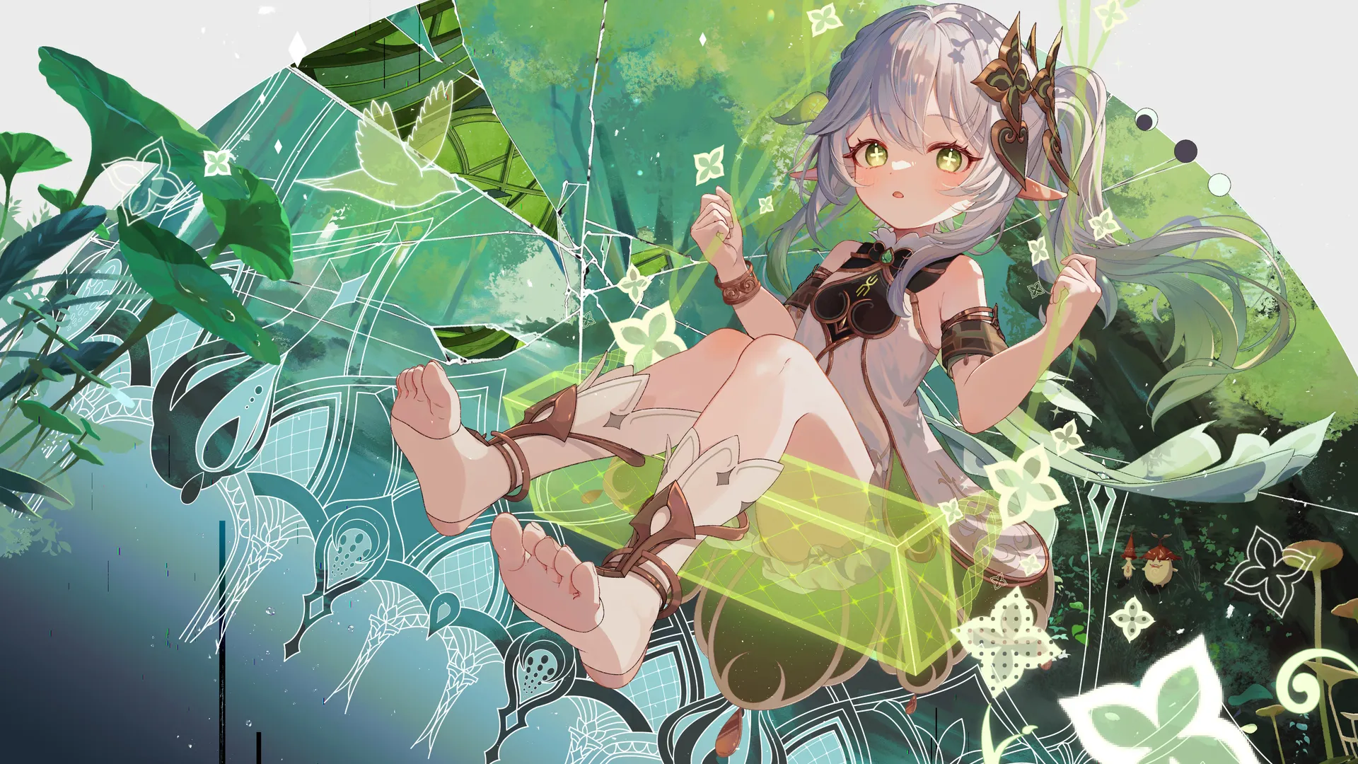 渐变头发 坐着 脚 脚底 长发 马尾辫 原神 动漫  原神 动漫女孩 明星 眼睛 双色头发 兽耳 树叶 萝莉 4K壁纸