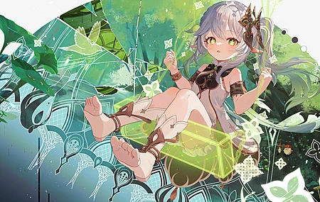 渐变头发 坐着 脚 脚底 长发 马尾辫 原神 动漫  原神 动漫女孩 明星 眼睛 双色头发 兽耳 树叶 萝莉 4K壁纸