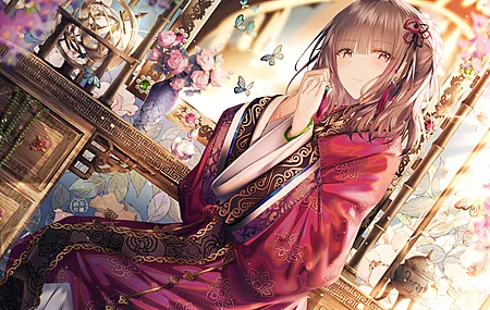 动漫女孩 和服 梳妆台 蝴蝶 鲜花 动漫 4K壁纸