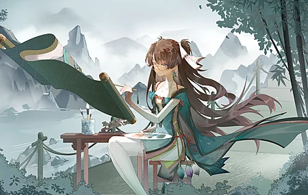 马尾辫 呼啸之浪 汉服 国风 电子游戏 卷轴 动漫 女孩 4K壁纸