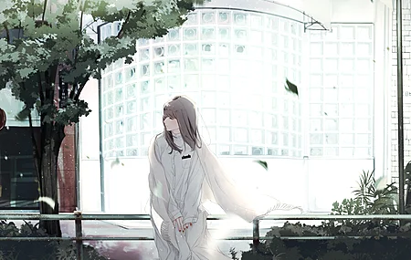 白色 服装 动漫 女孩 城市 8K壁纸