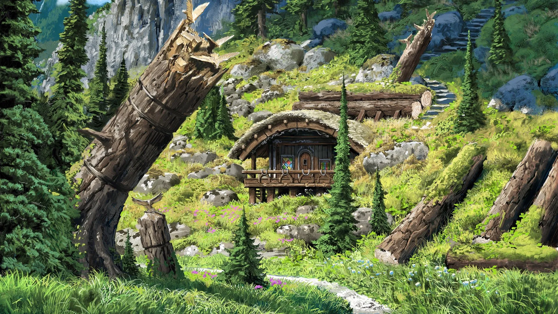 自然 树木 小屋 小溪 4K壁纸